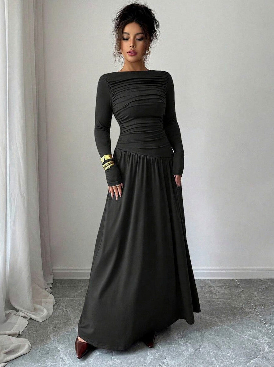 Long Sleeve Ruched Drop Waist Maxi Dress