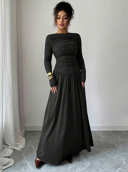 Long Sleeve Ruched Drop Waist Maxi Dress