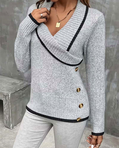 Long Sleeve V-Neck Jumper with Crossover Front and Contrast Trim