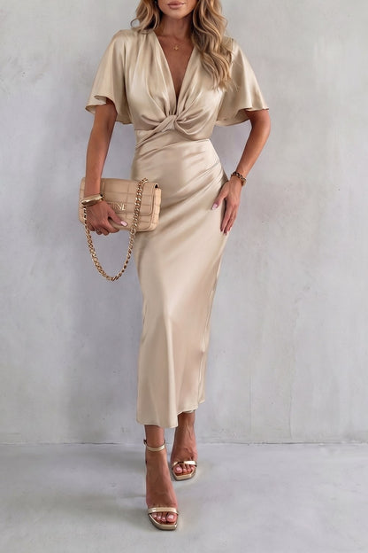 Knot Waist Satin Midi Dress