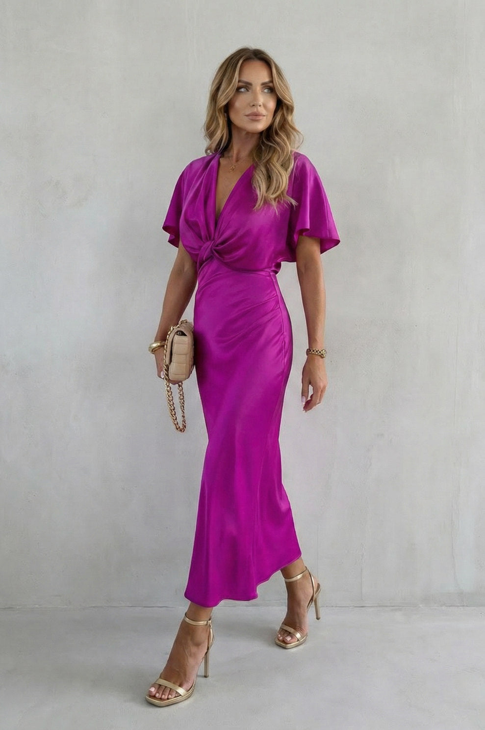 Knot Waist Satin Midi Dress