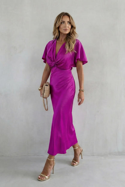 Knot Waist Satin Midi Dress