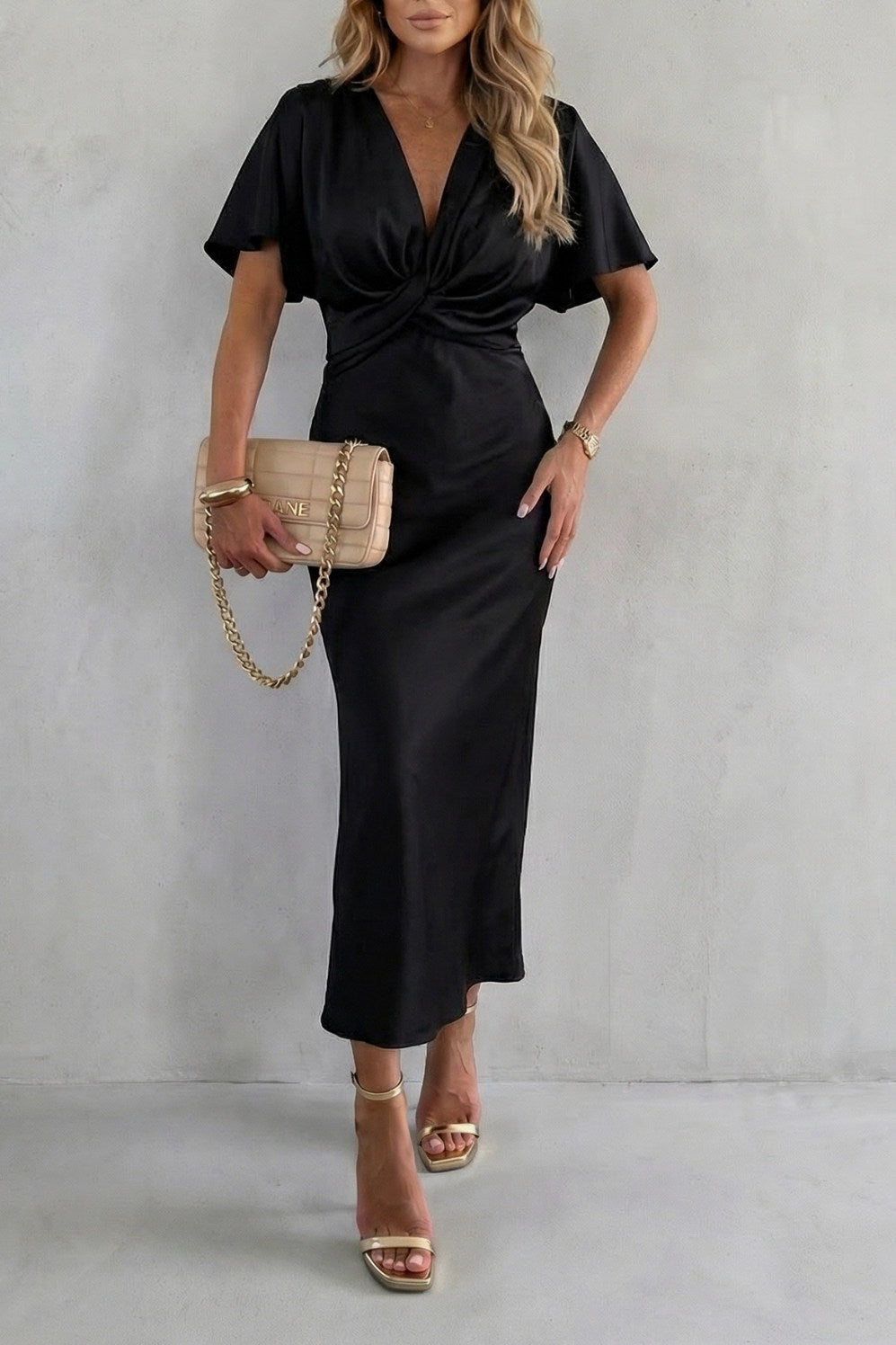 Knot Waist Satin Midi Dress