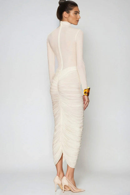 Mesh Mock Neck Ruched Midi Dress
