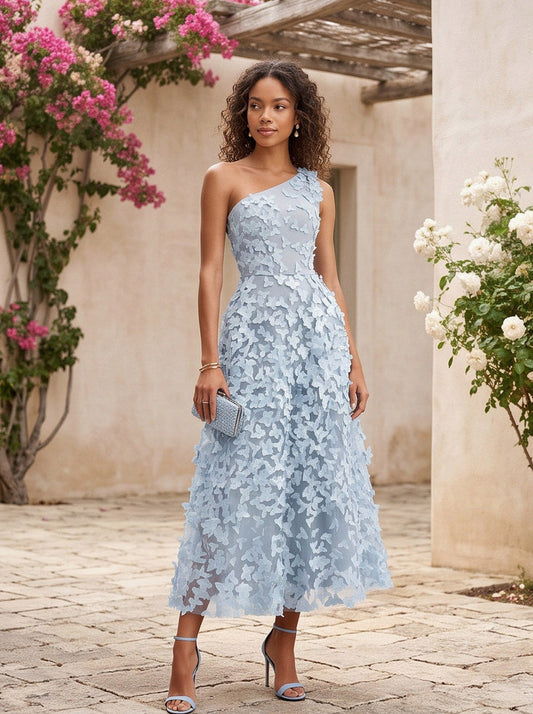 One Shoulder Applique Midi Dress