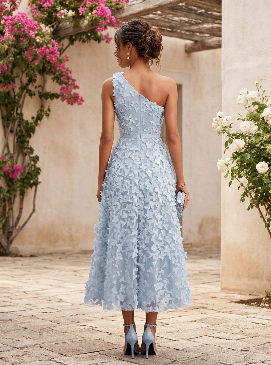 One Shoulder Applique Midi Dress