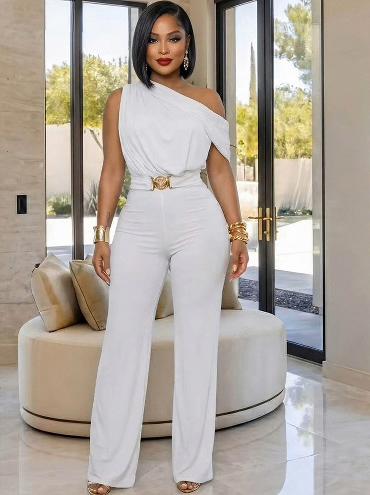 One Shoulder Draped Wide Leg Jumpsuit