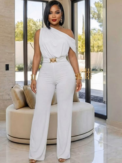 One Shoulder Draped Wide Leg Jumpsuit
