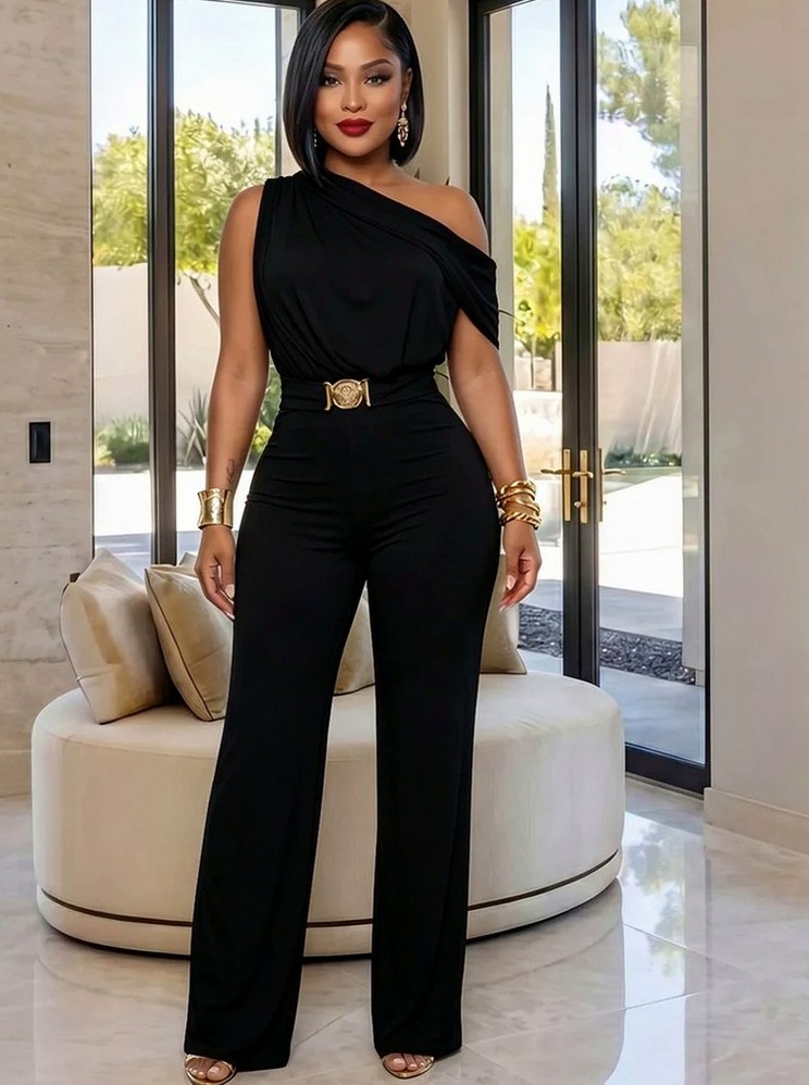 One Shoulder Draped Wide Leg Jumpsuit