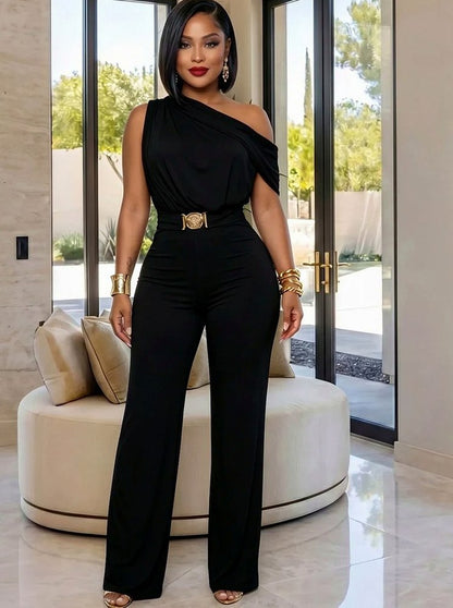One Shoulder Draped Wide Leg Jumpsuit