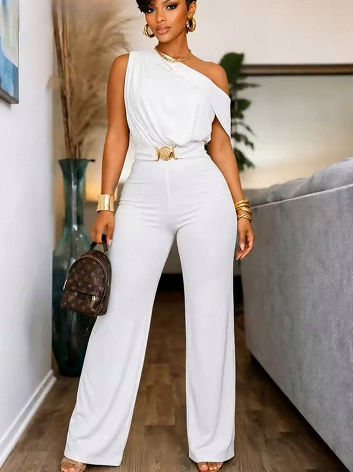 One Shoulder Draped Wide Leg Jumpsuit