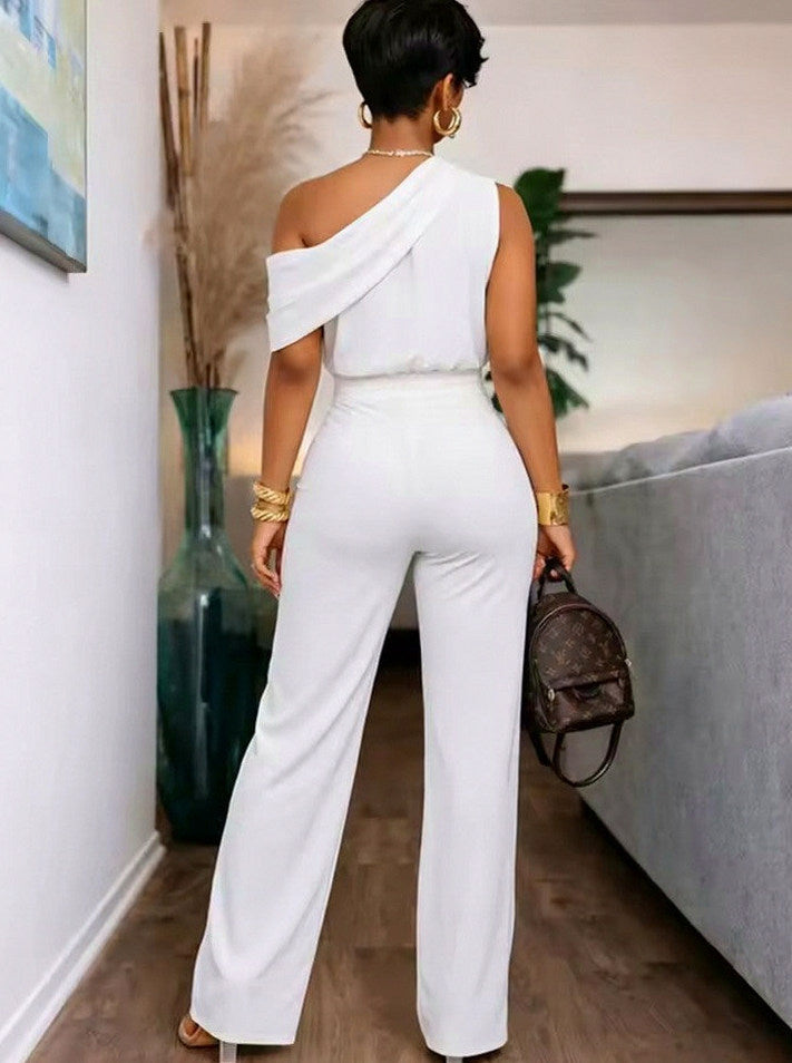 One Shoulder Draped Wide Leg Jumpsuit