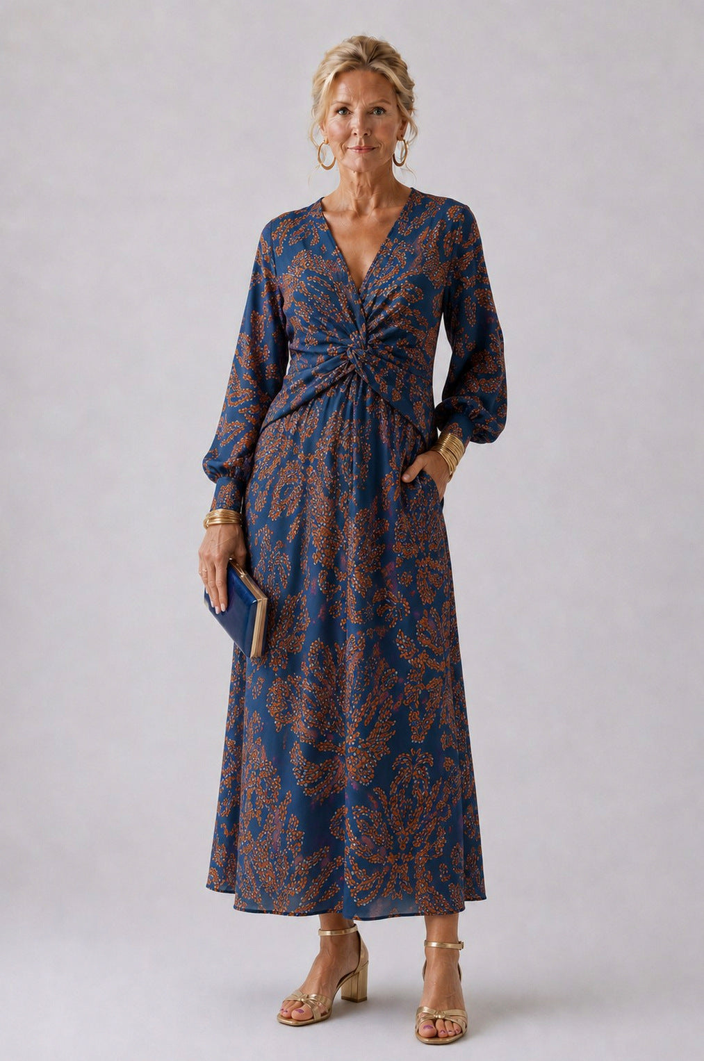 Paisley Long Sleeve Twist Front Maxi Dress