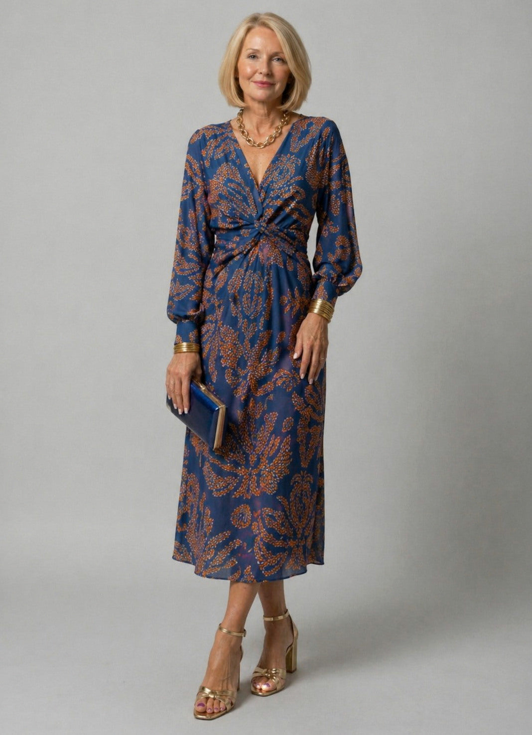 Paisley Long Sleeve Twist Front Maxi Dress