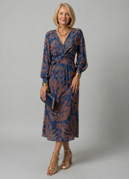 Paisley Long Sleeve Twist Front Maxi Dress