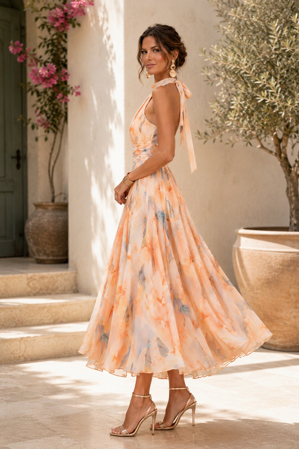 Floral Halter Midi Dress – Pleated Waist