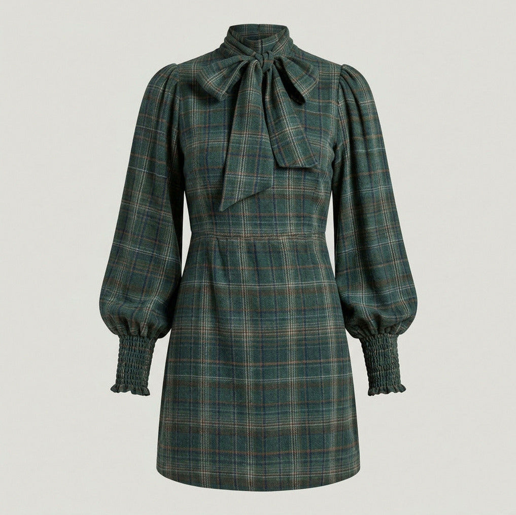 Plaid Long Sleeve Tie Neck Mini Dress