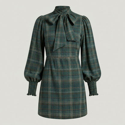 Plaid Long Sleeve Tie Neck Mini Dress