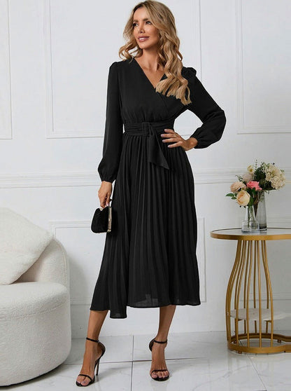 Pleated Belted Long Sleeve Midi Dress