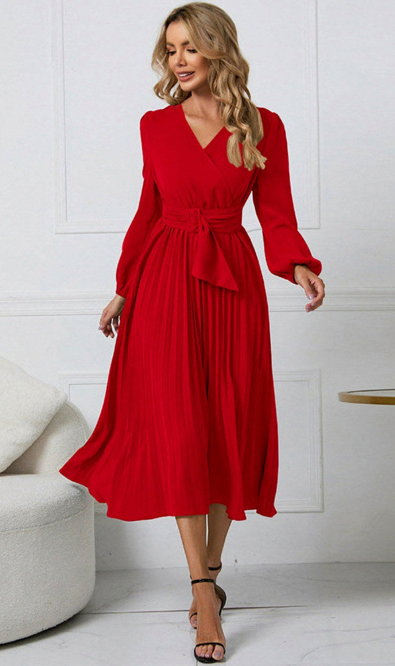 Pleated Belted Long Sleeve Midi Dress