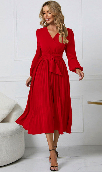 Pleated Belted Long Sleeve Midi Dress