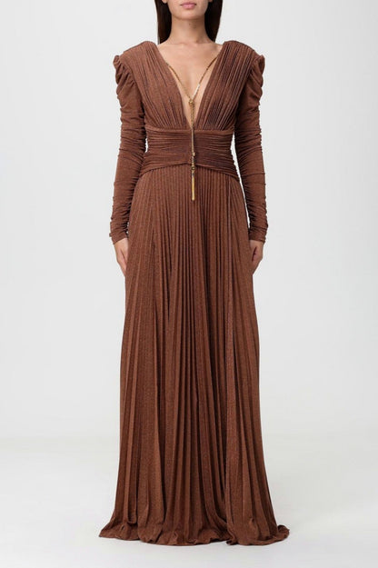 Pleated Long Sleeve Plunge Maxi Dress