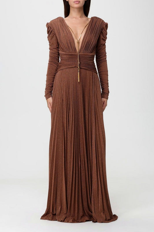 Pleated Long Sleeve Plunge Maxi Dress