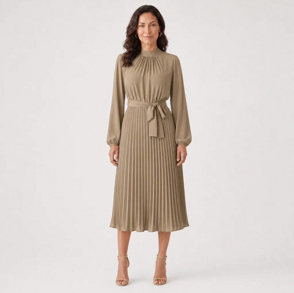 Pleated Mock Neck Midi Dress