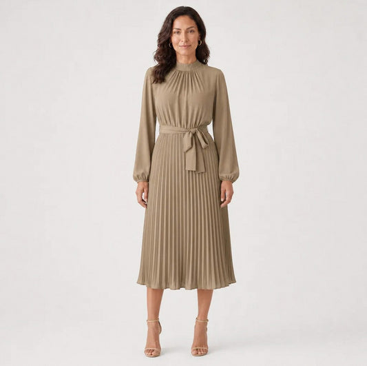 Pleated Mock Neck Midi Dress