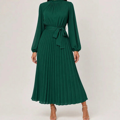 Pleated Mock Neck Midi Dress