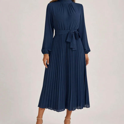 Pleated Mock Neck Midi Dress