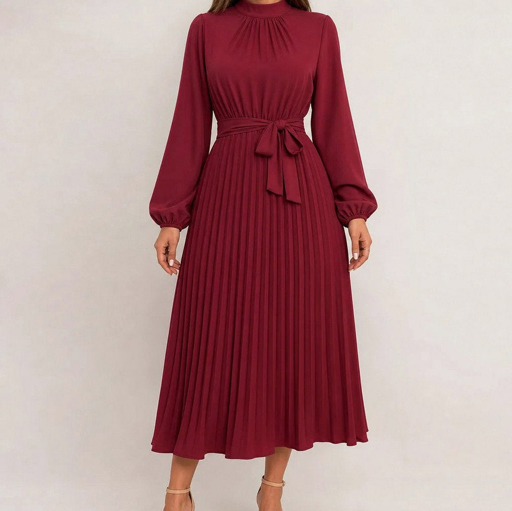 Pleated Mock Neck Midi Dress