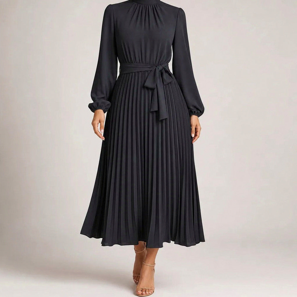 Pleated Mock Neck Midi Dress