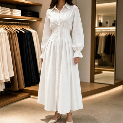 Poplin Corset Long Sleeve Midi Shirt Dress