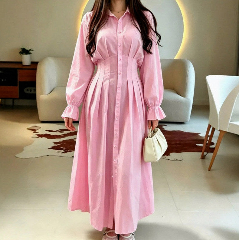 Poplin Corset Long Sleeve Midi Shirt Dress