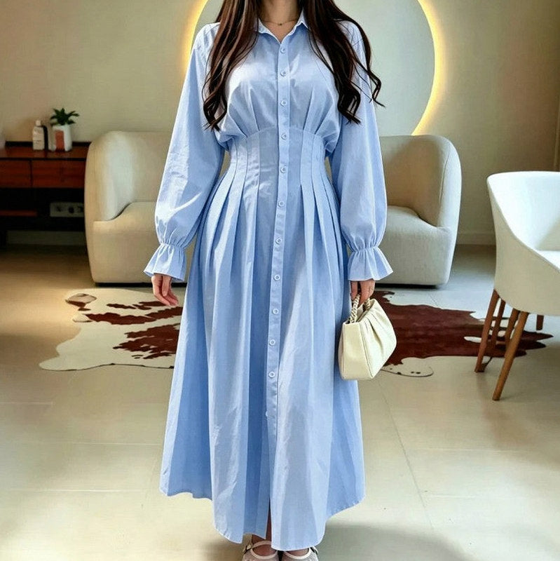 Poplin Corset Long Sleeve Midi Shirt Dress