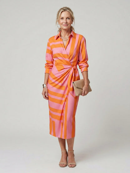 Printed Long Sleeve Twist Wrap Midi Dress