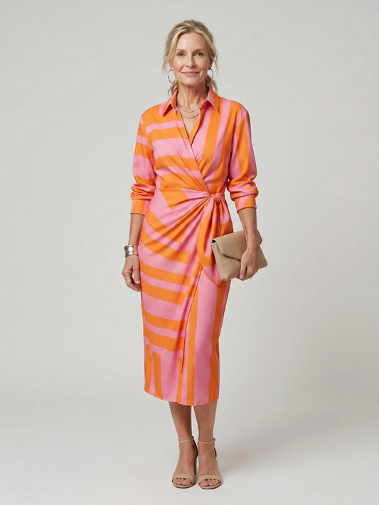 Printed Long Sleeve Twist Wrap Midi Dress