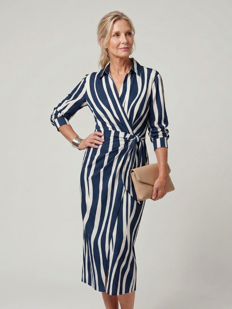 Printed Long Sleeve Twist Wrap Midi Dress