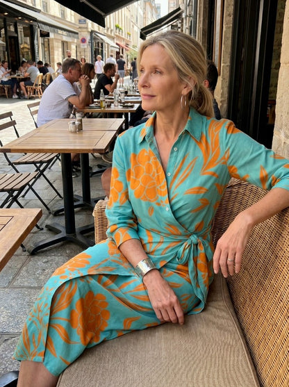 Printed Long Sleeve Twist Wrap Midi Dress
