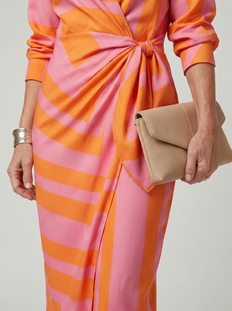 Printed Long Sleeve Twist Wrap Midi Dress