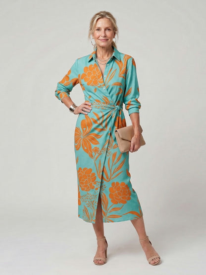 Printed Long Sleeve Twist Wrap Midi Dress