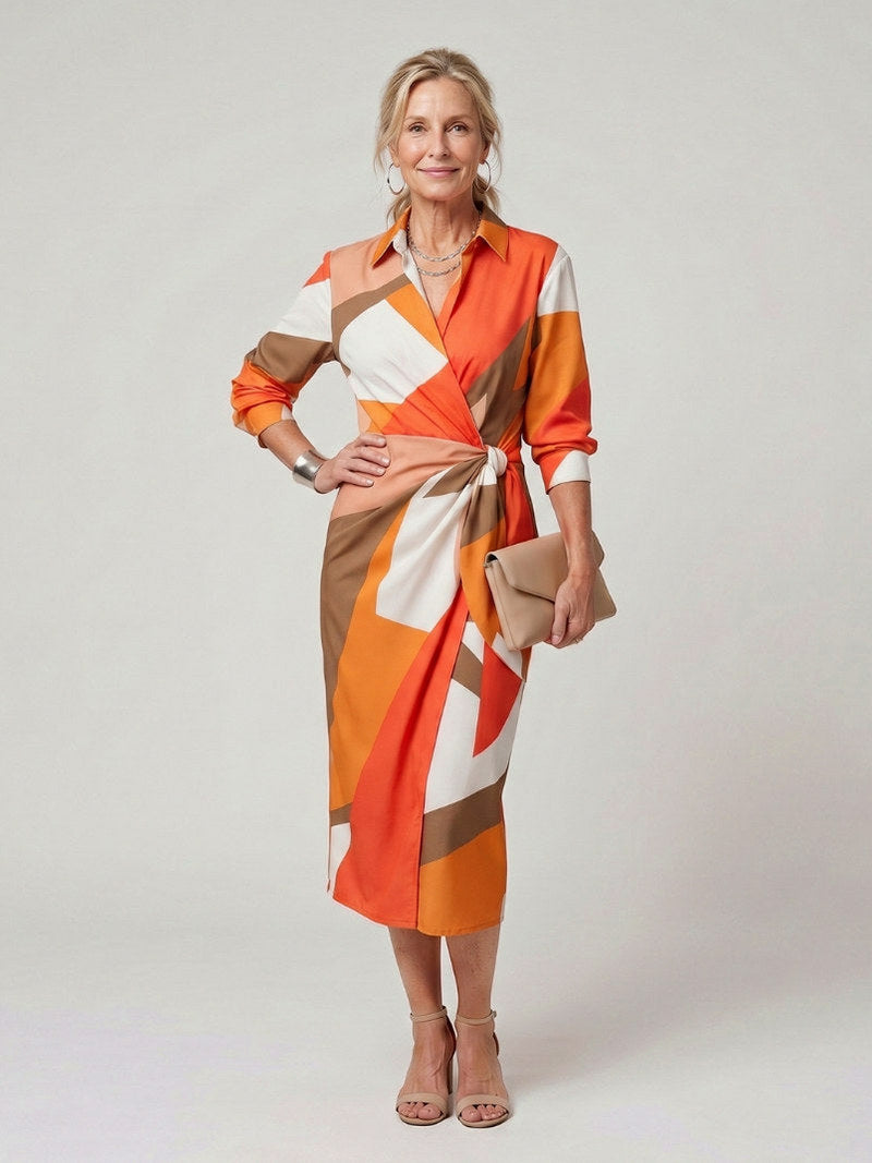 Printed Long Sleeve Twist Wrap Midi Dress