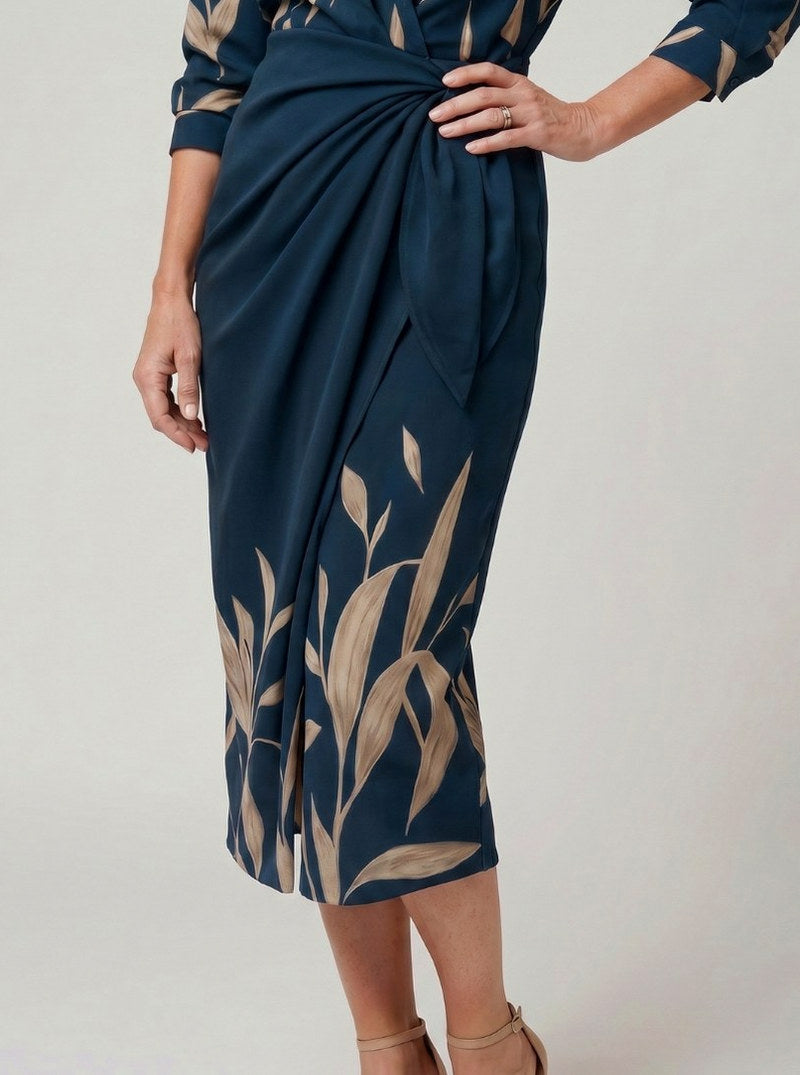 Printed Long Sleeve Twist Wrap Midi Dress
