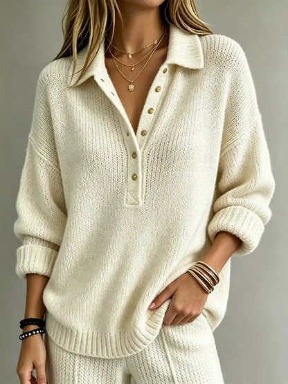 Relaxed Knit Polo Sweater with Gold Button Placket