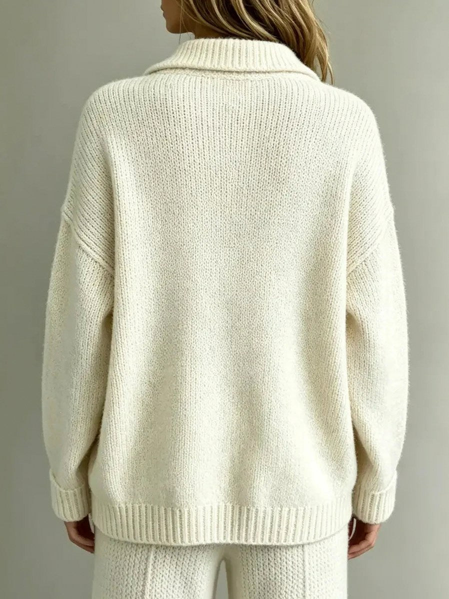 Relaxed Knit Polo Sweater with Gold Button Placket