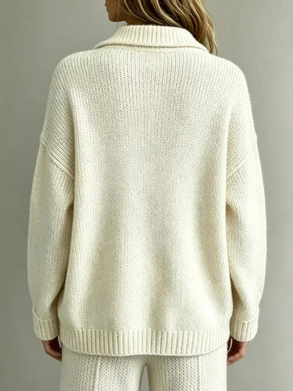 Relaxed Knit Polo Sweater with Gold Button Placket