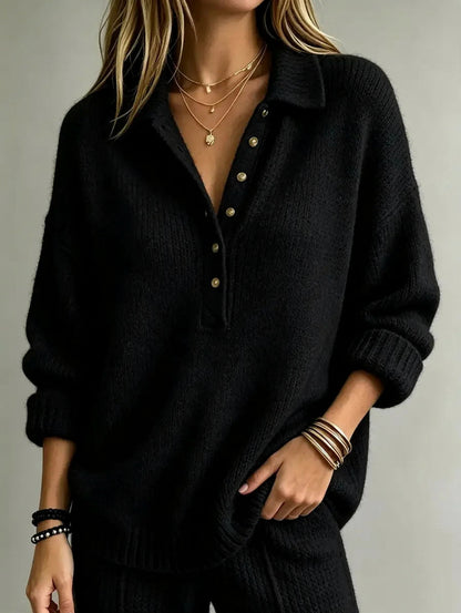 Relaxed Knit Polo Sweater with Gold Button Placket