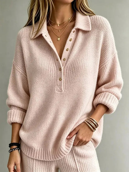 Relaxed Knit Polo Sweater with Gold Button Placket