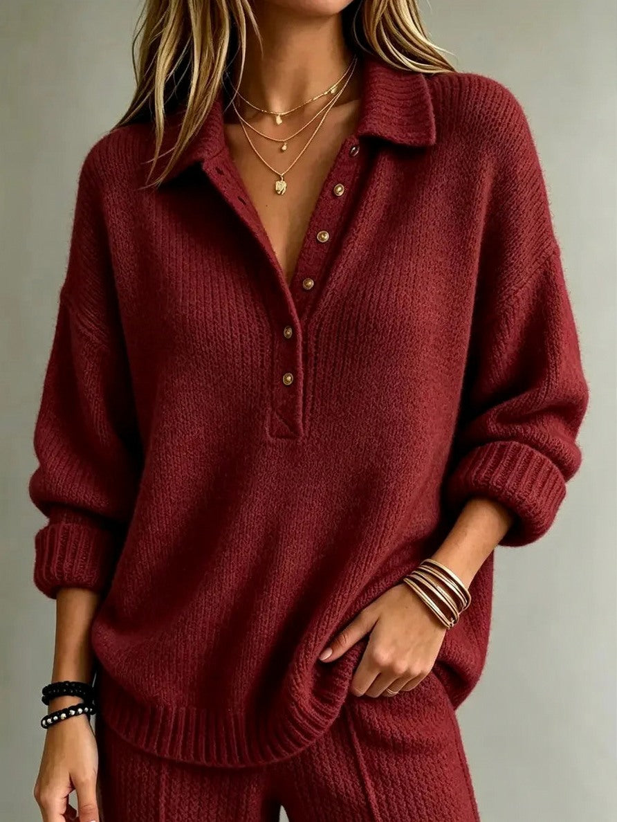 Relaxed Knit Polo Sweater with Gold Button Placket